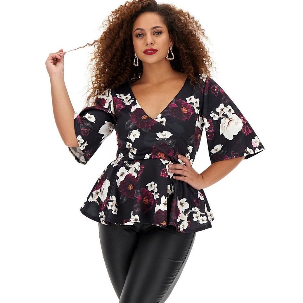 Simply Be Floral Scuba Peplum Wrap Top Size 28